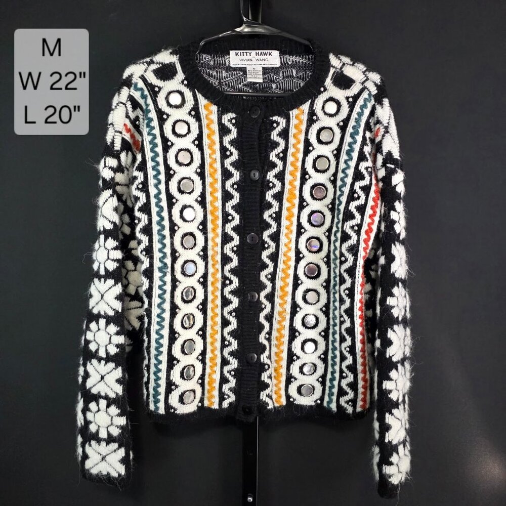 Vintage Kitty Hawk Vivian Wang Cardigan M 80s 90s Embellished Mirrors Studs Art